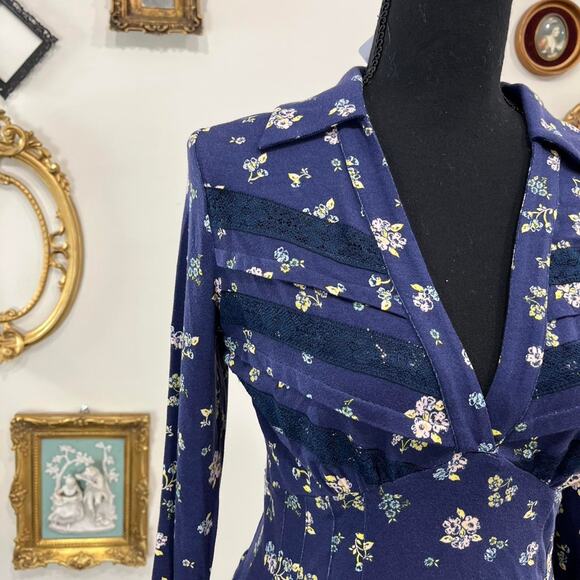 Free People Navy Floral Button-Front Mini Dress xs - Picture 2 of 3